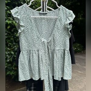 SHEIN Green and White Ruffle Sleeve Top